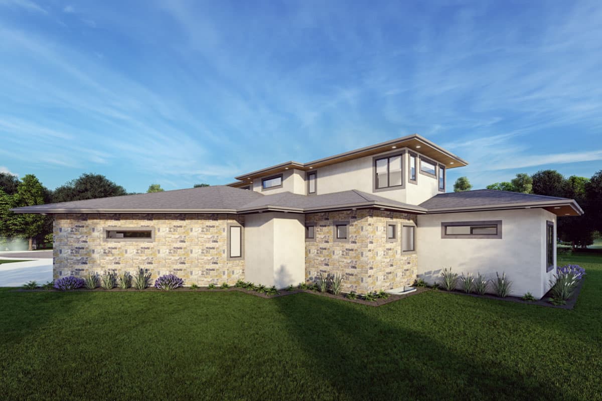 Modern house plan exterior with stone accents, flat rooflines, and large windows. Two stories visible.