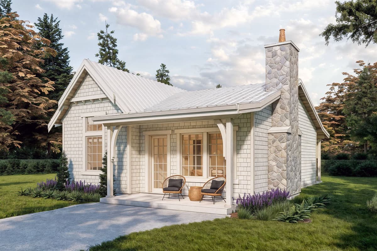 Cottage house plan exterior with white shingle siding, metal roof, stone chimney, and covered porch.