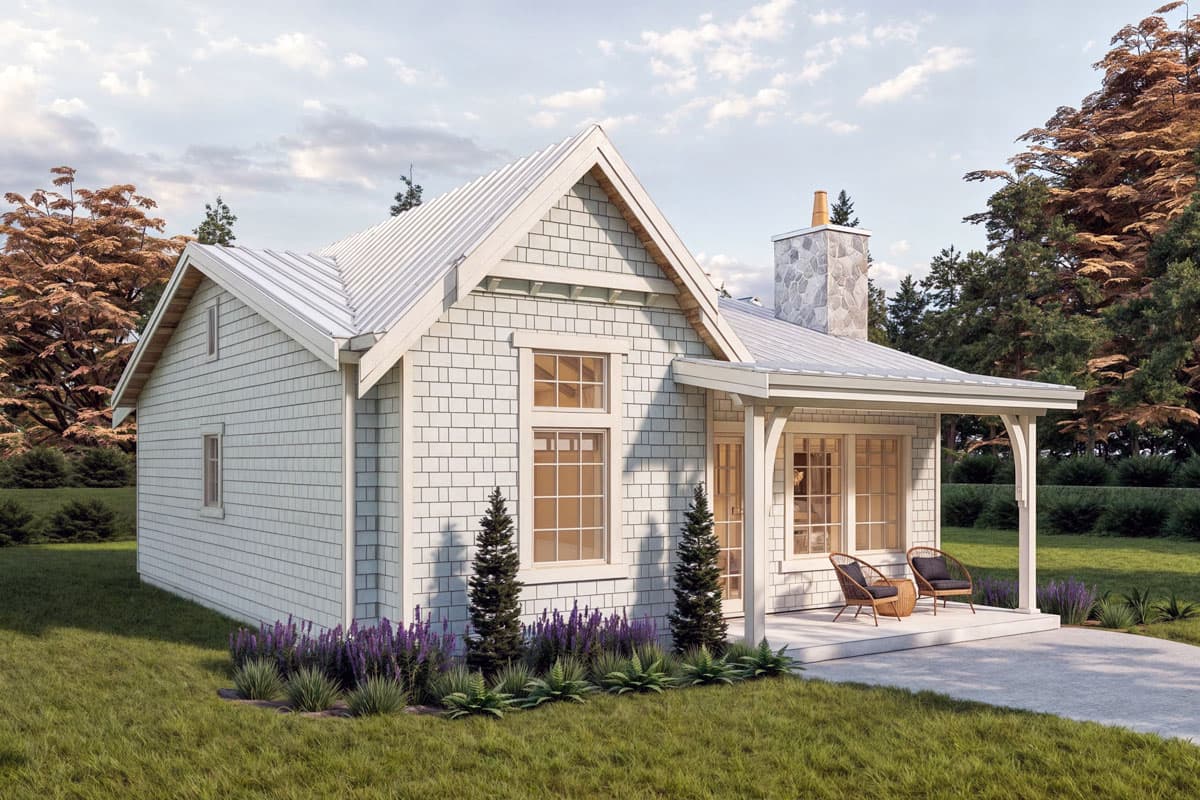 House plan exterior: Gable roof, stone chimney, covered porch with arched supports, and shingle siding.