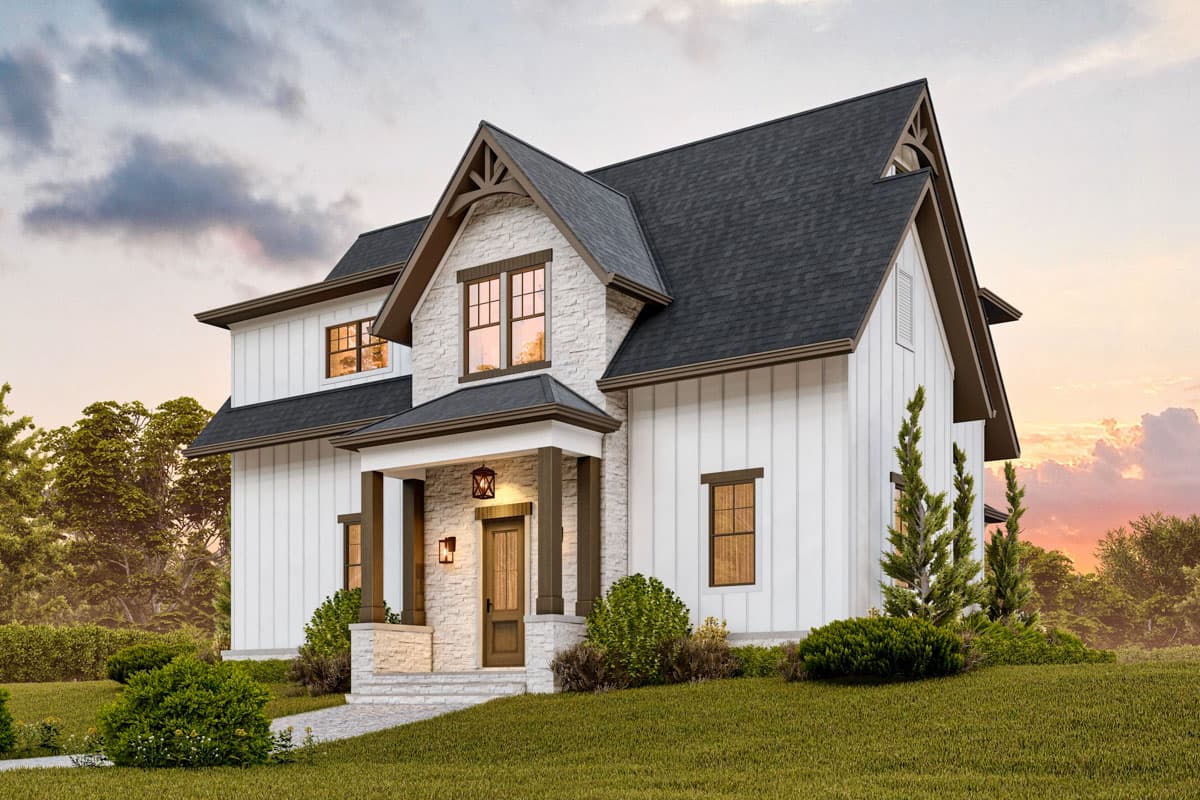 Modern Farmhouse house plan exterior with board and batten siding, stone accents, a covered porch with wood columns, and gable details.