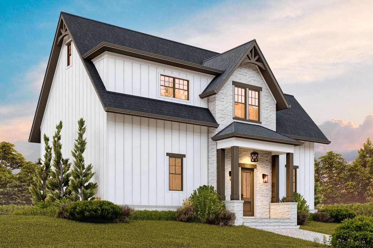 Modern Farmhouse house plan exterior with white board and batten siding, stone accents, gables, and covered front porch.