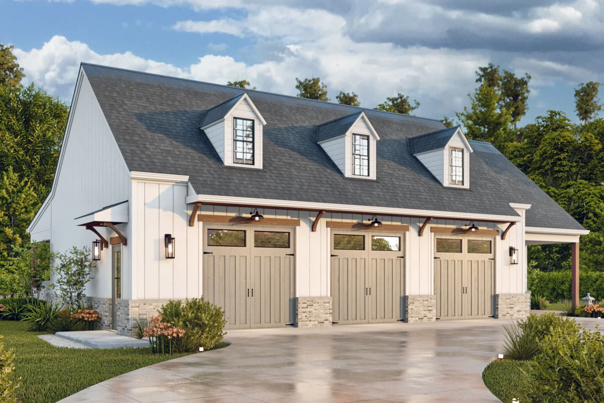 Plan 25833GE: 3-Car Modern Farmhouse Garage Plan with 500 Sq Ft 1-Bed Apartment on Main Level - 1555 Sq Ft - Image #6 - Barndominium, Carriage, Modern Farmhouse, New American, Traditional