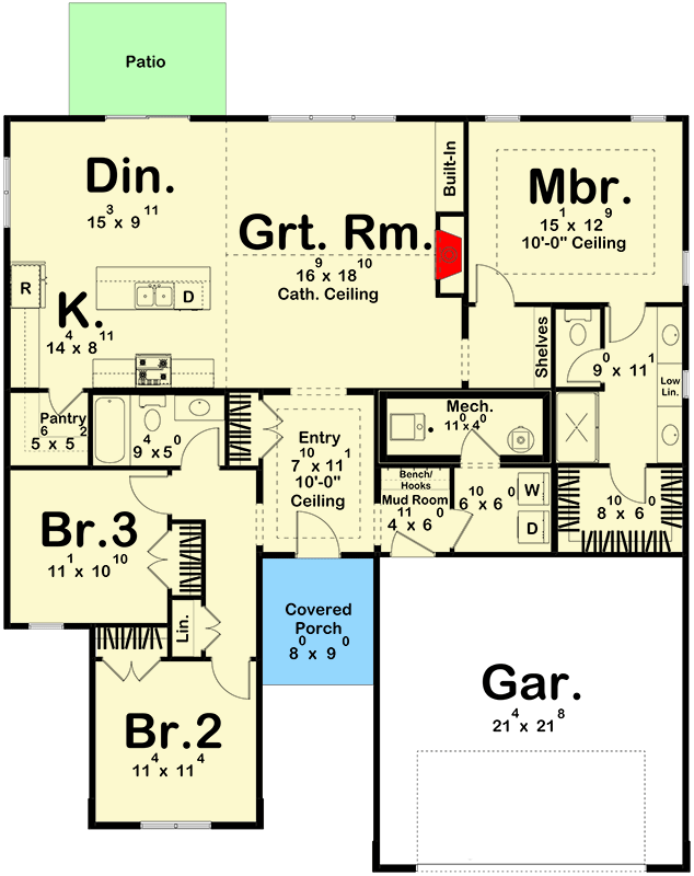 Plan 623429DJ: 3-Bed Modern Farmhouse Ranch House Plan with Vaulted Great Room - 1686 Sq Ft - Floor Plan - Main Level - Country, Modern Farmhouse, New American, Ranch, Traditional