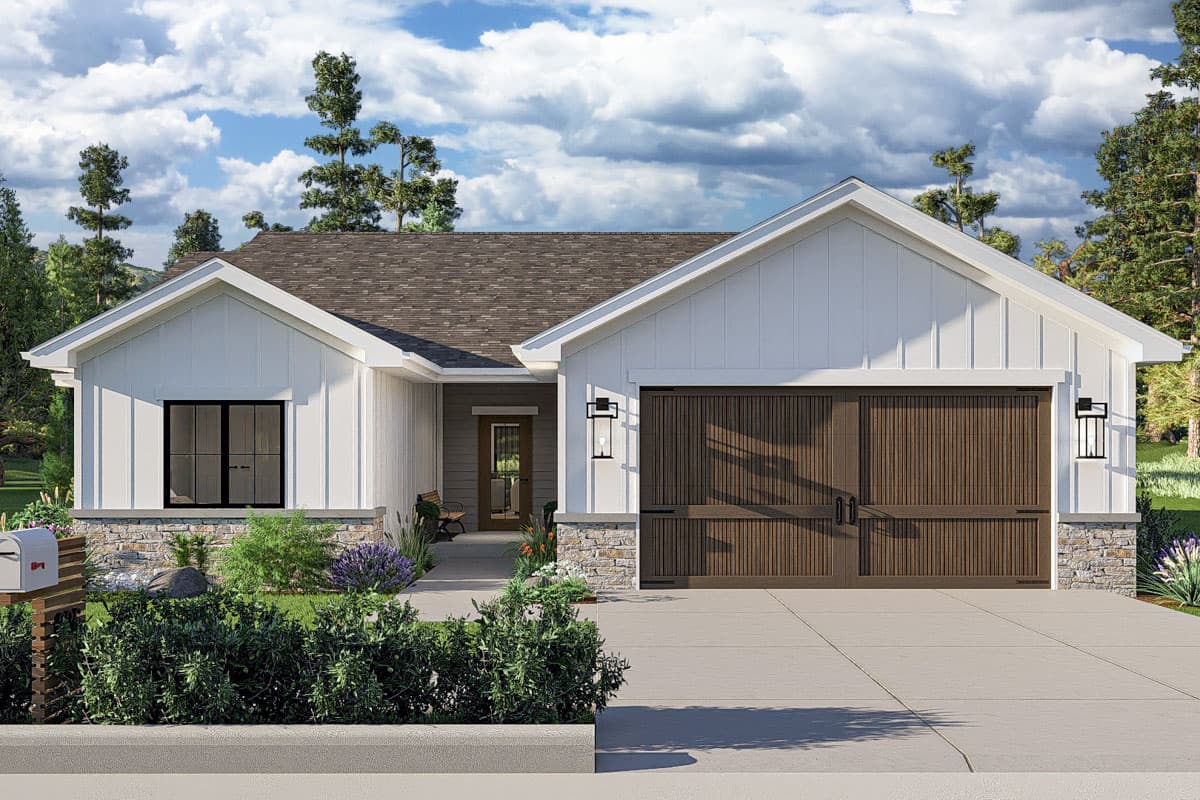 House plan exterior. Modern Farmhouse style with a single story, board and batten siding, gable roof, and a two-car garage.
