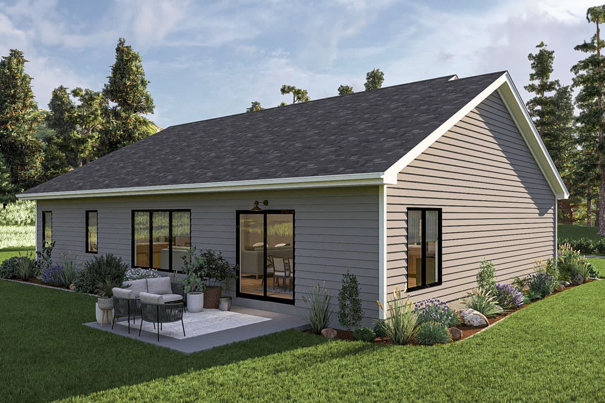 House plan exterior: one-story ranch with siding, gable roof, and sliding glass doors opening to a patio.
