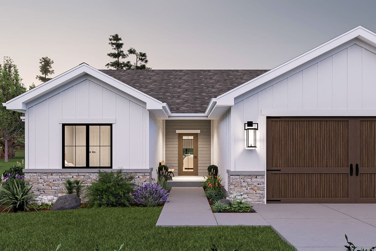 Modern Farmhouse house plan exterior with board and batten siding, stone accents, a covered entry, and a two-car garage.