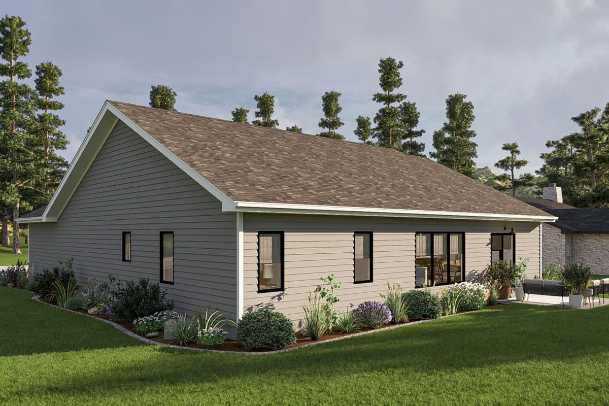 House plan exterior: one-story ranch with vinyl siding, gable roof, and large windows. Landscaping and patio visible.