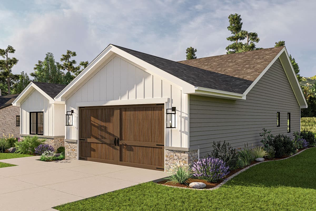 Modern Farmhouse house plan exterior with board-and-batten siding, stone accents, and a large wooden garage door.