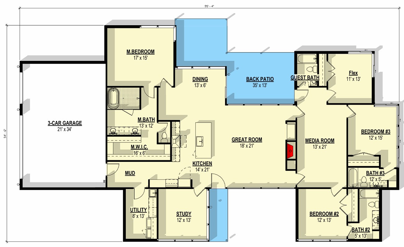 Plan 307719RAD: Modern House Plan with 3-Car Garage and Split Bedroom Layout - Floor Plan - Main Level - Mid Century Modern, Modern, Northwest, Ranch