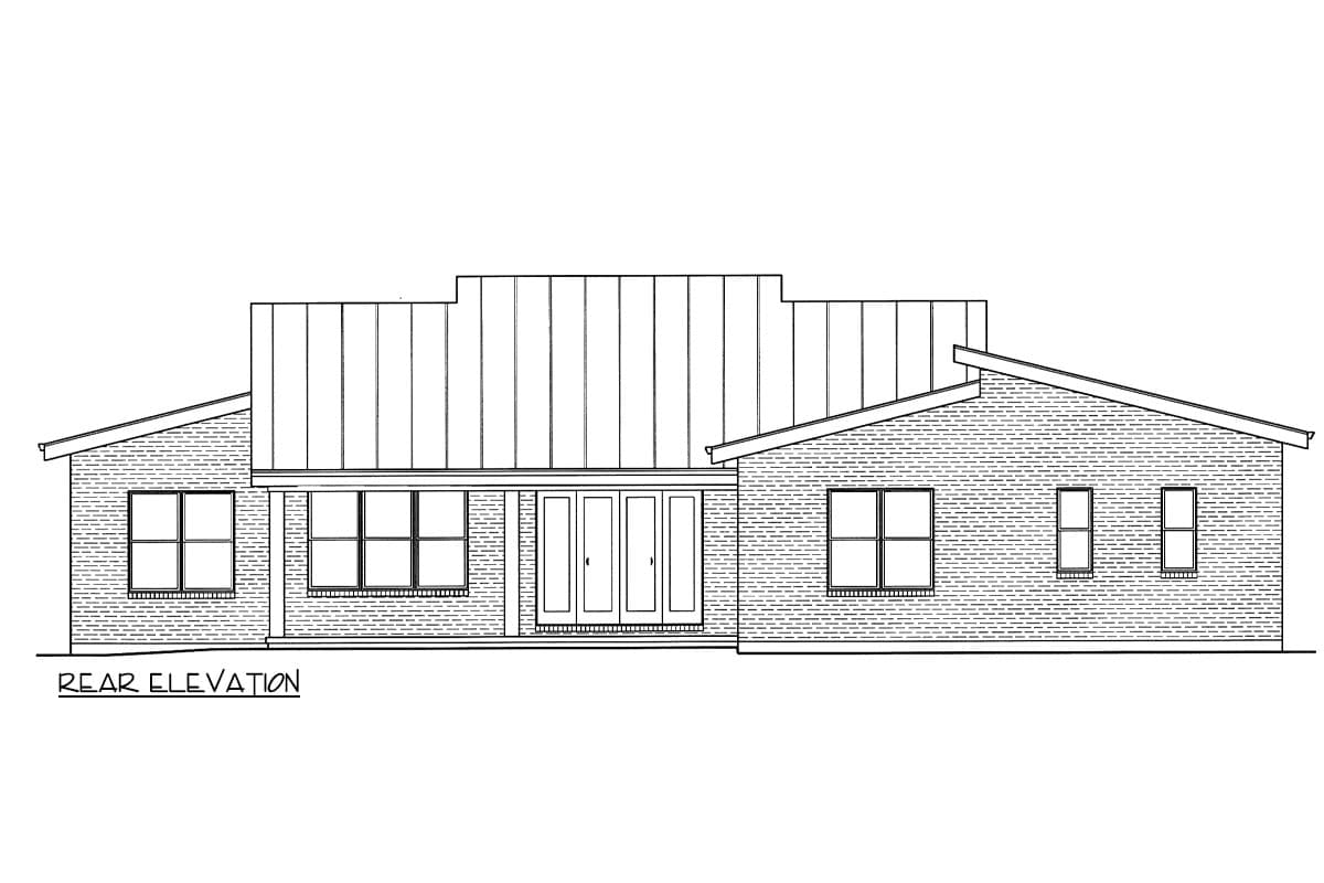 Rear elevation of a one-story house plan with brick facade, multiple gables, and a standing seam roof.