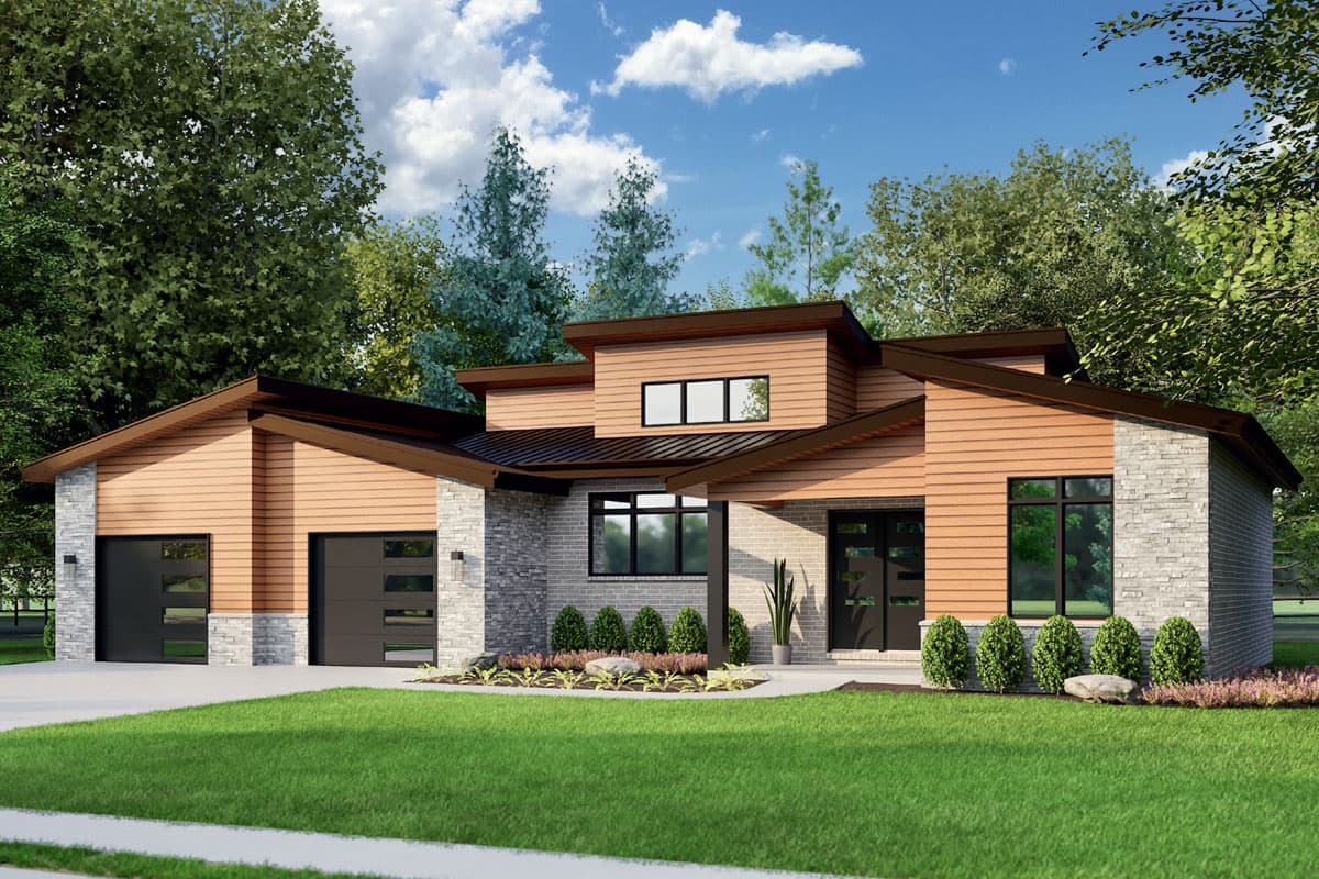 Modern house plan exterior with wood siding, stone accents, dual garage doors, and asymmetric rooflines.