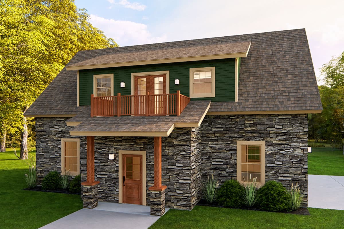 House plan exterior with two stories, stone veneer facade, gabled roof, and a balcony with wood railing. Includes a covered front porch.