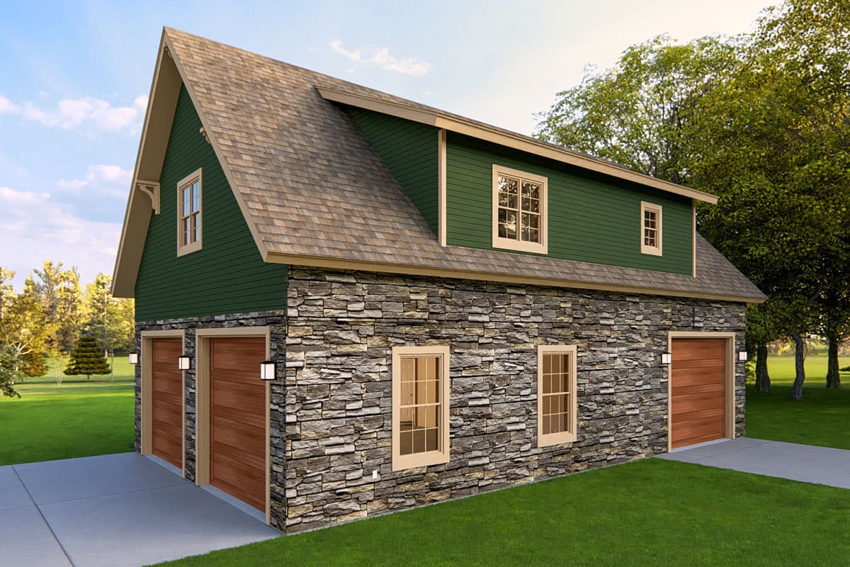 House plan exterior: Two-story structure with stone base, green siding, hip roof, and three garage doors.