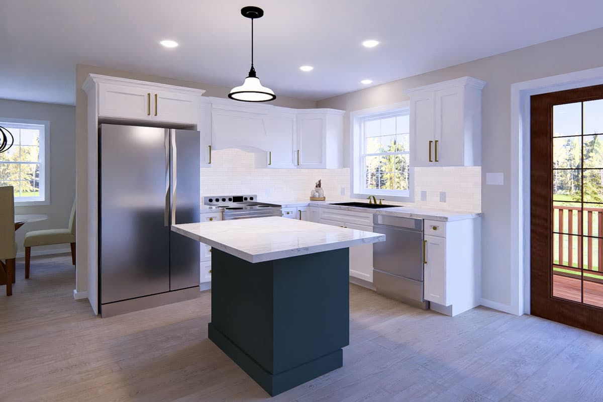Kitchen featuring white cabinets, stainless steel appliances, marble-topped island, and subway tile backsplash.