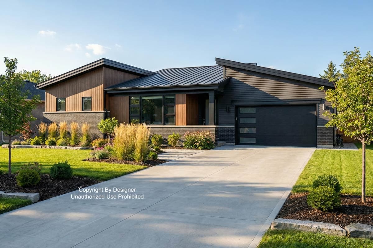 Modern, single-story house with a contrasting facade of wood and dark grey siding. A long driveway leads to the garage, and well-kept lawn in front.