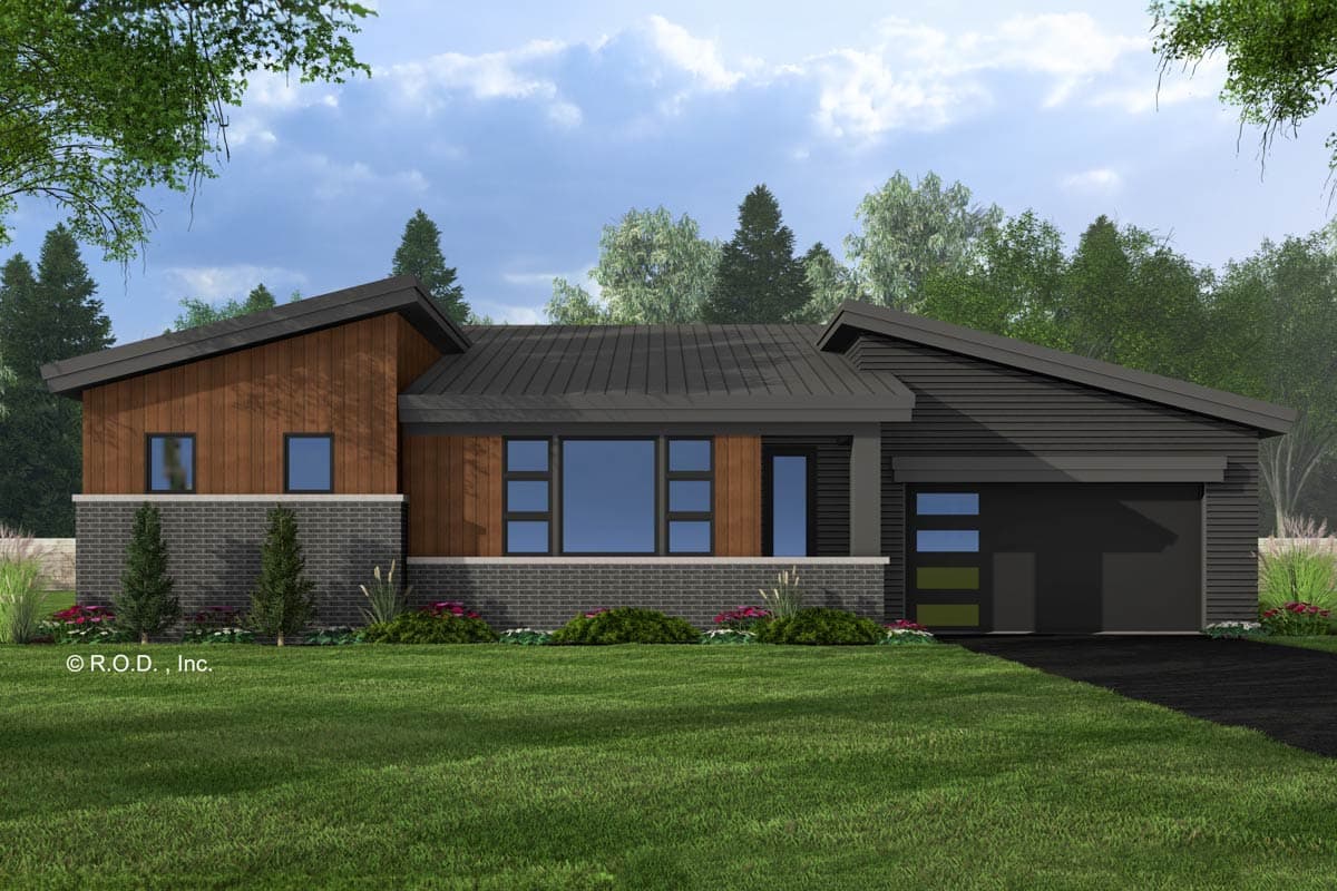Modern house plan exterior with sloped rooflines, brick base, wood siding, and attached garage with glass panel door.