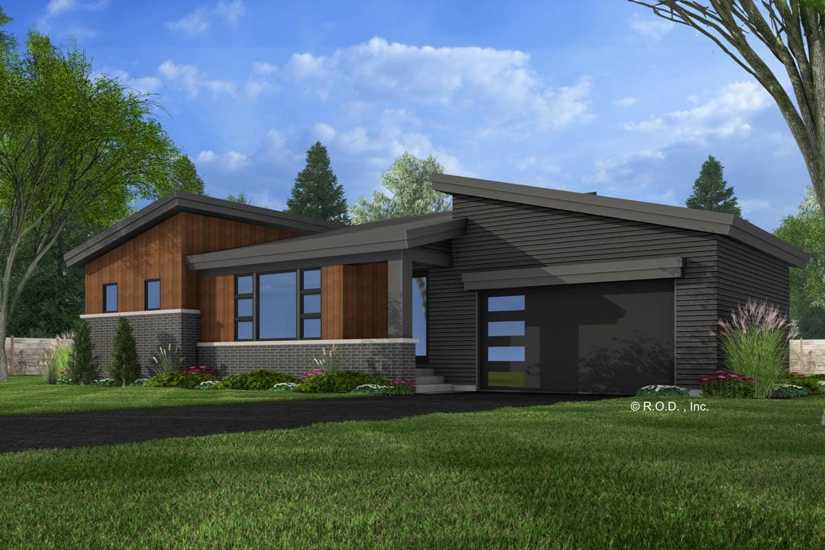 Modern house plan exterior with wood and brick facade, asymmetrical rooflines, and a contemporary garage door.