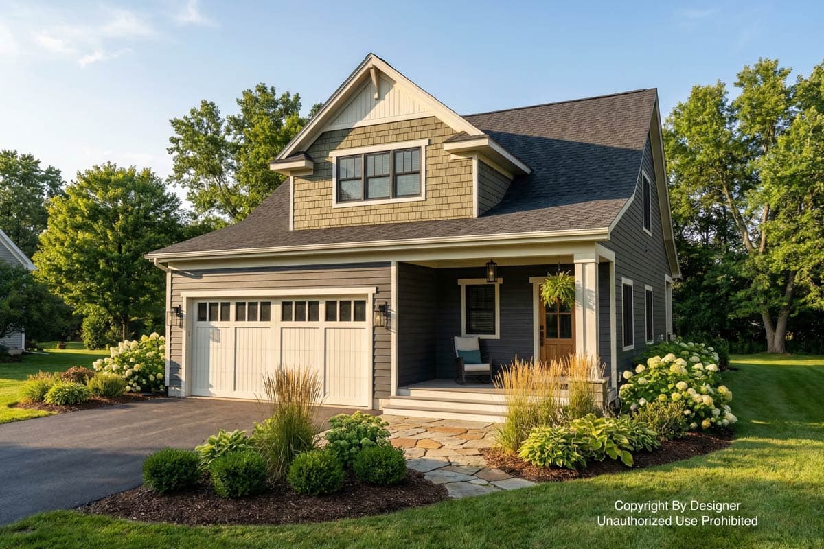 A charming two-story house with a grey exterior, white garage door, and lush landscaping. A stone path leads to the front porch.