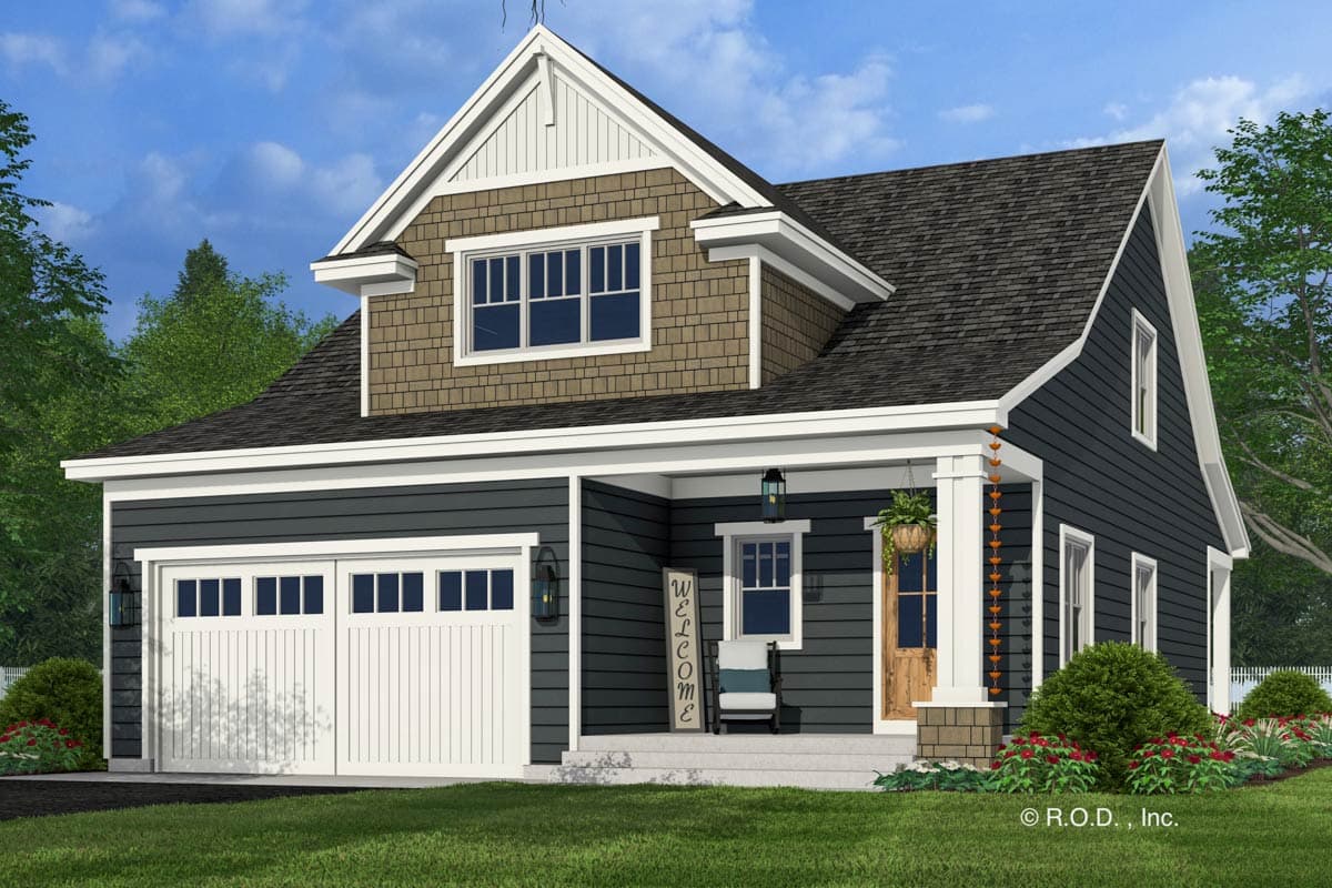 House plan exterior: Two-story home with covered front porch, gabled dormer, shake siding accents, and a two-car front-facing garage.