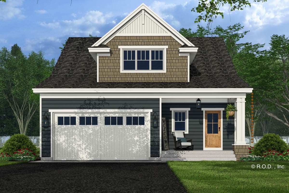 House plan exterior of a two-story home with a dormer, gabled roof, covered porch, and attached garage.
