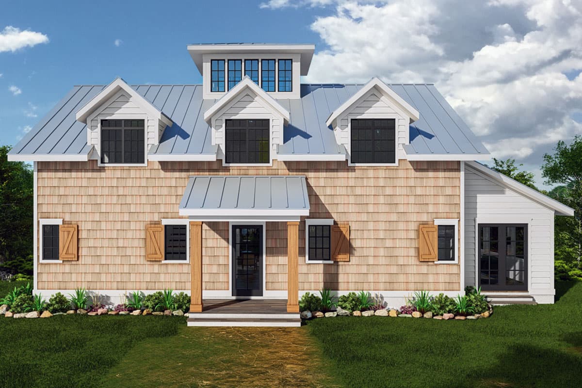 House plan exterior with two stories, board and batten siding, multiple gables, a covered porch, and a metal roof with dormers.