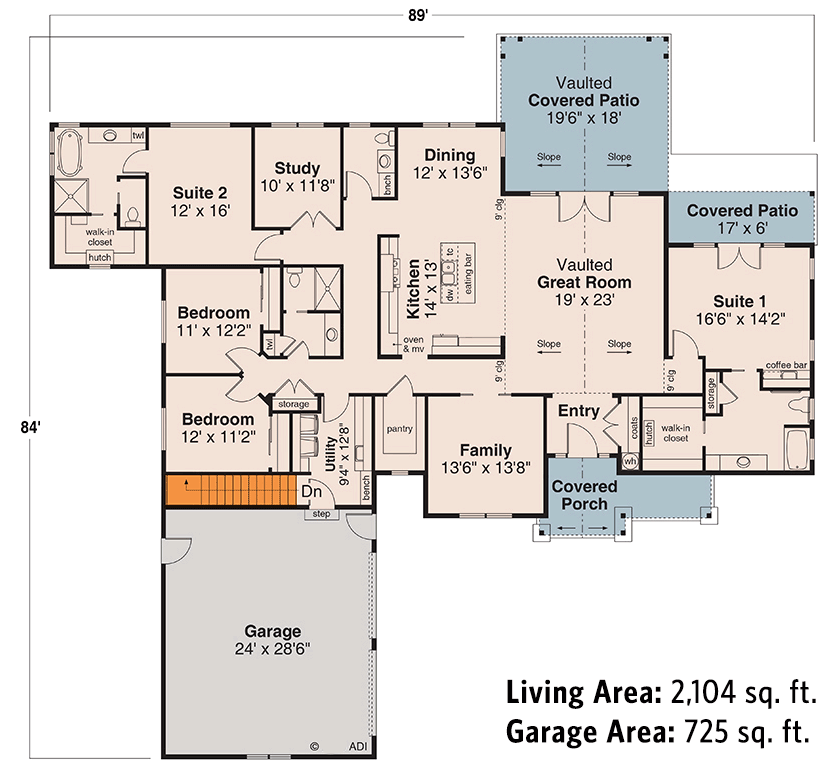 Plan 72439DA: 4-Bed Ranch House Plan with Vaulted Great Room - 3004 Sq Ft - Floor Plan - Main Level - Basement Stairs Location  - Craftsman, Ranch, Traditional