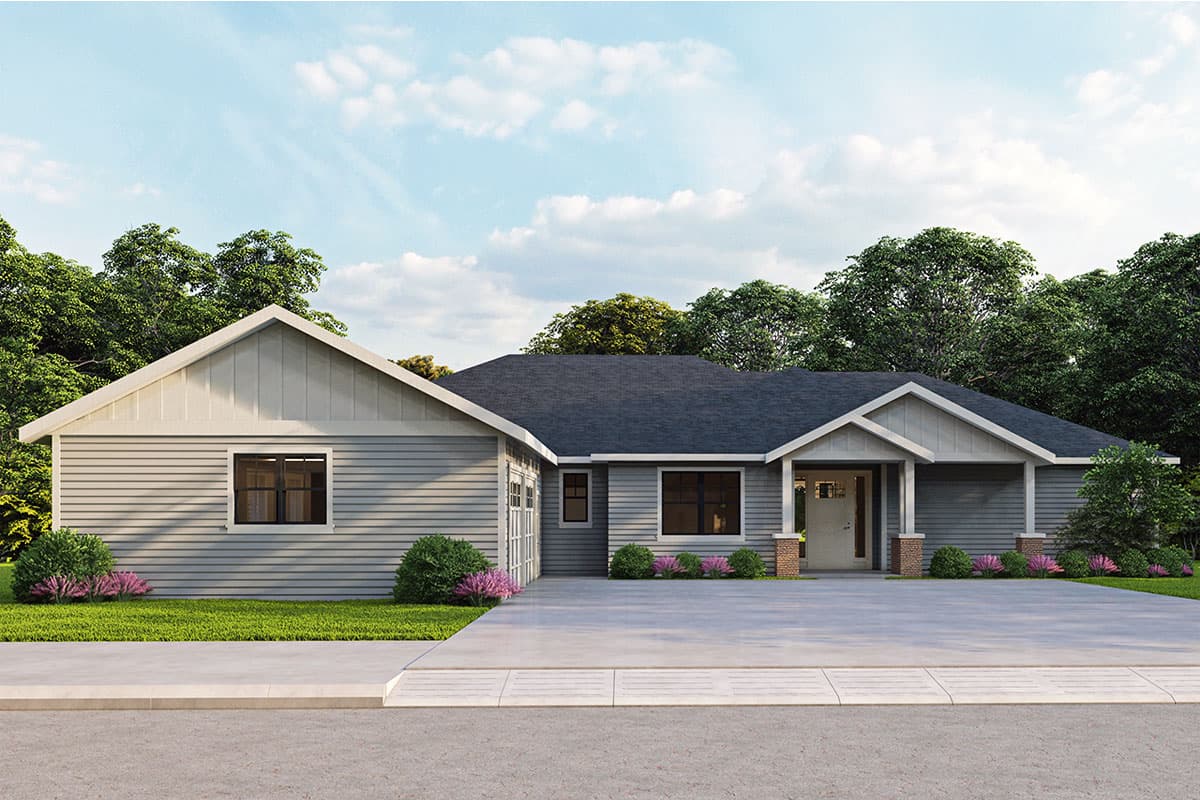 House plan exterior: single-story Modern Farmhouse with gabled front entry, two-car garage, and horizontal siding.