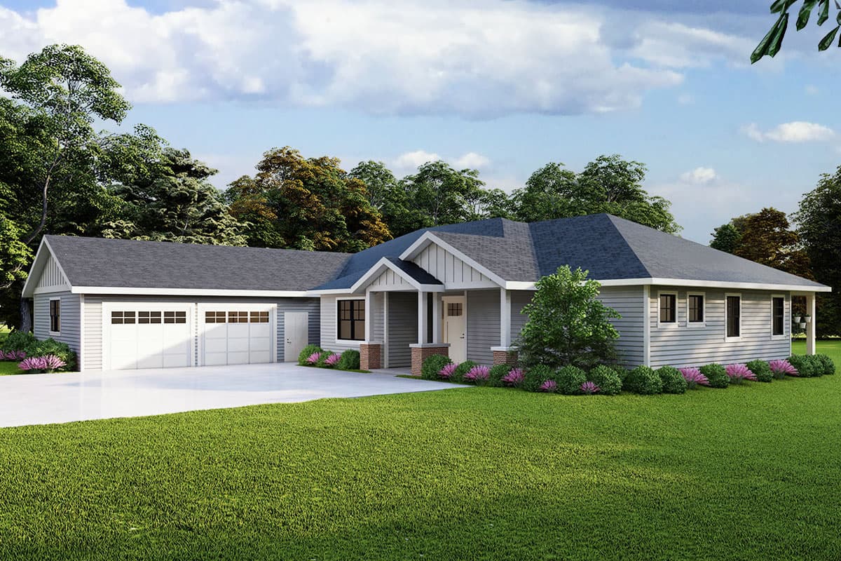 House plan exterior. Ranch style with a gabled roof and covered porch. Features a two-car garage, multiple windows, and a landscaped yard.