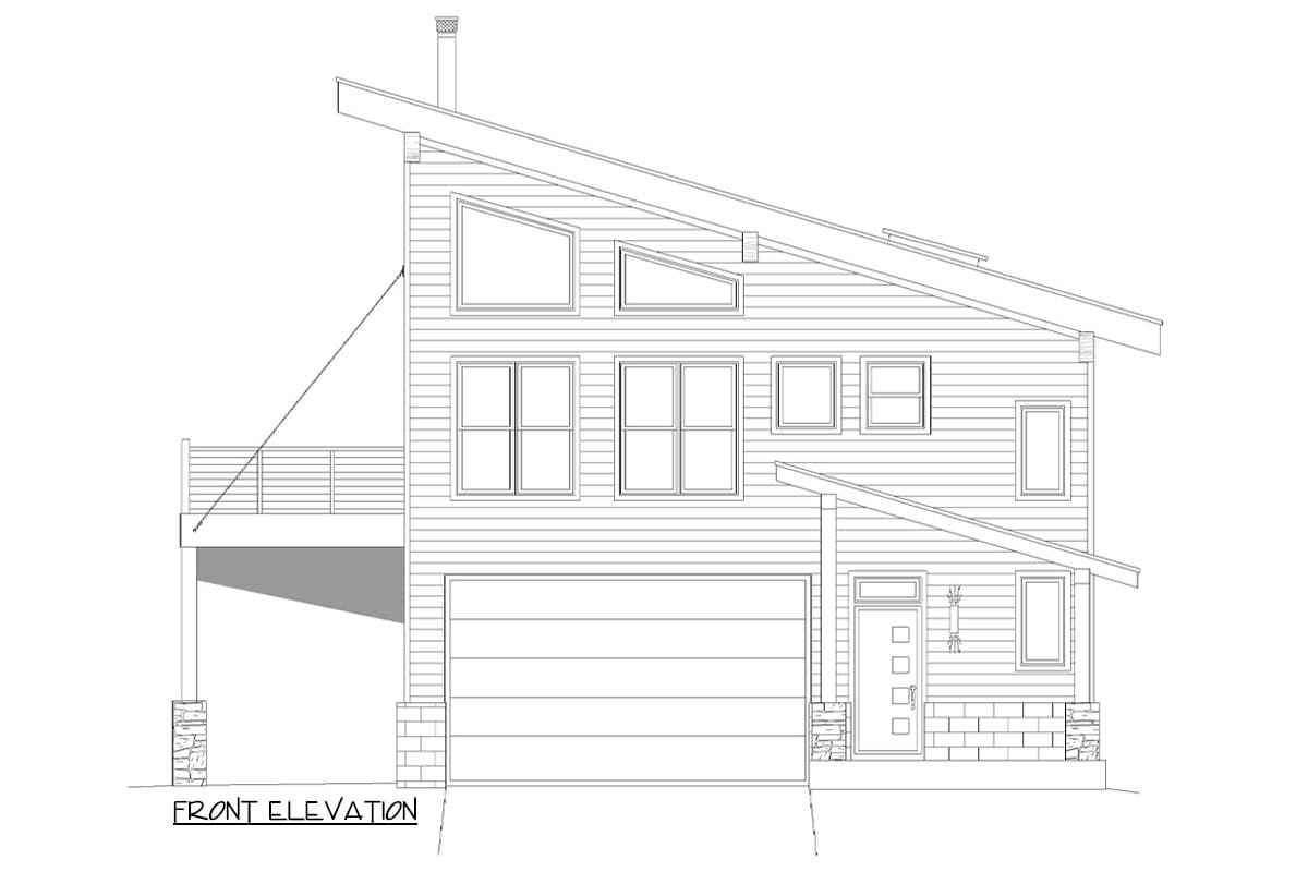 Front elevation drawing of a two-story house with a sloped roof, garage, deck, and multiple windows.