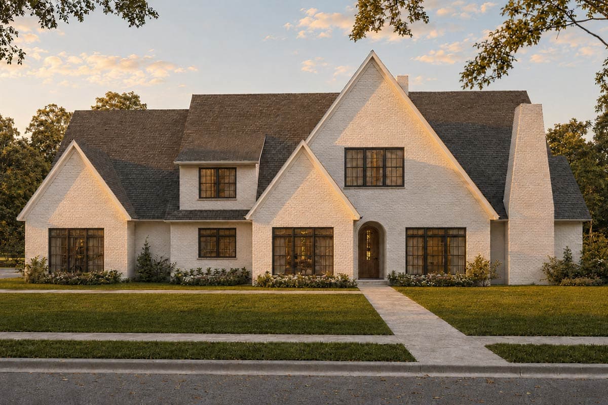 House plan exterior. Two-story home with a gable roof, dormers, and a prominent chimney. Features include a front entry with an arched doorway.