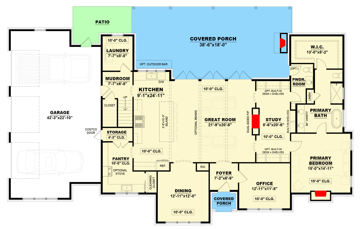 Plan 810030RBT: 3-Bed Transitional House Plan with Optional Bonus Room & Bedroom - 3250 Sq Ft - Floor Plan - Main Level - New American, Transitional