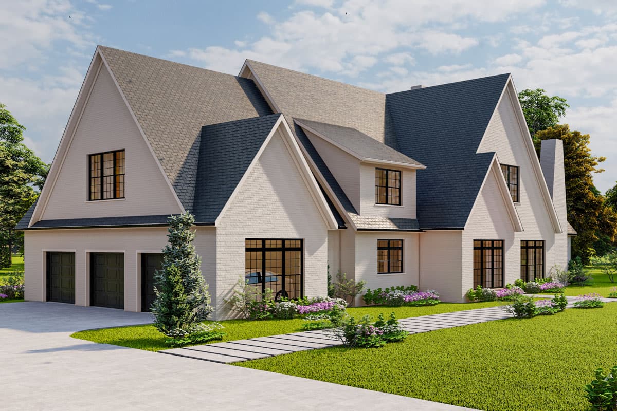 House plan exterior: Modern Farmhouse style with white brick, prominent gables, dark windows, and a three-car garage.