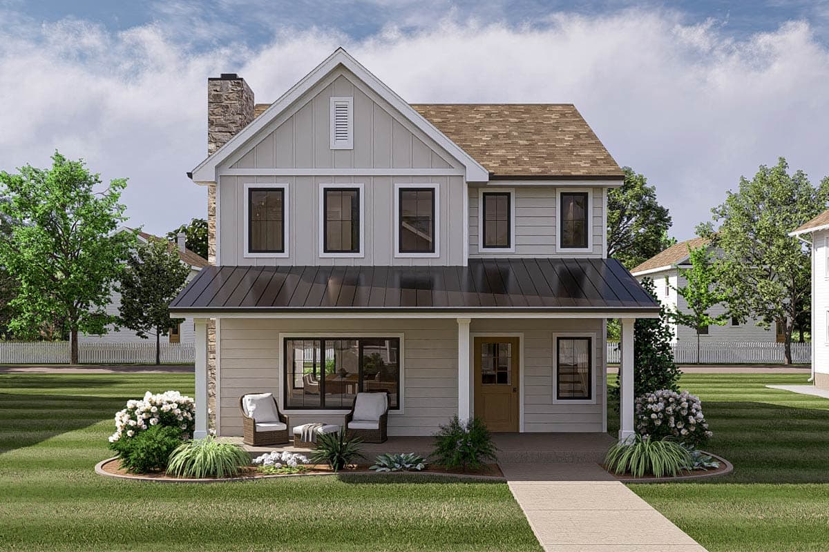 House plan exterior. Two-story, farmhouse style home with front porch, gabled roof, and vertical siding. Stone chimney and dark roof.