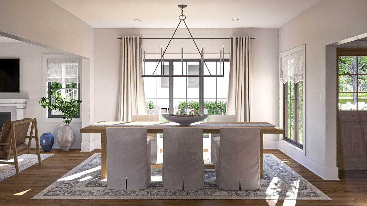 Interior rendering of a dining room with a wood table, upholstered chairs, large windows, and a contemporary chandelier.