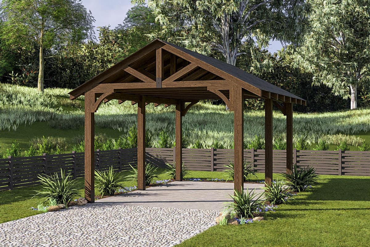House plan exterior of a timber frame pavilion with a dark asphalt shingle roof and exposed rafter tails.