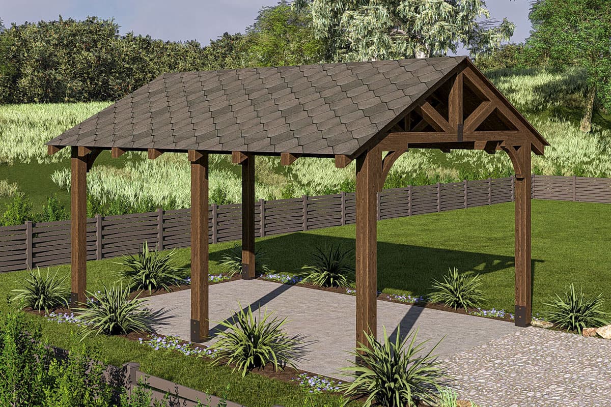 Pergola exterior with timber posts, arched braces, and a pitched, shingled roof supported by exposed rafters.