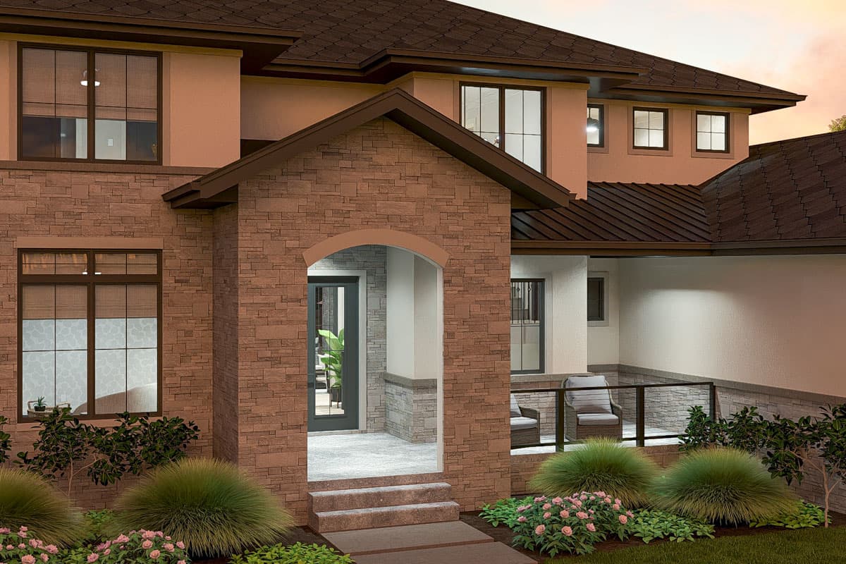 House plan exterior rendering with stone facade, arched entryway, second-story windows, and covered patio area.
