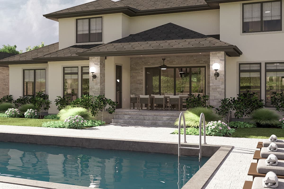 House plan exterior, two stories, covered patio with outdoor dining, stone accents, and a pool.