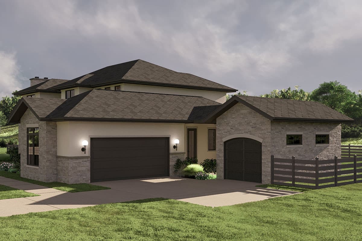 House plan exterior: Contemporary style, two stories, stone accents, prominent gables, and a three-car garage.
