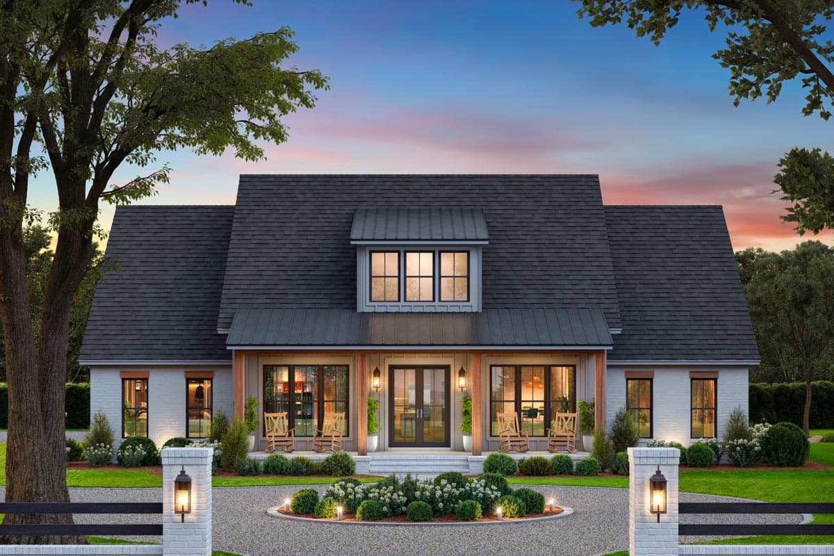 House plan exterior. Modern Farmhouse-style, one-story home with porch, dormer, and metal roof accents. Features include a circular driveway.