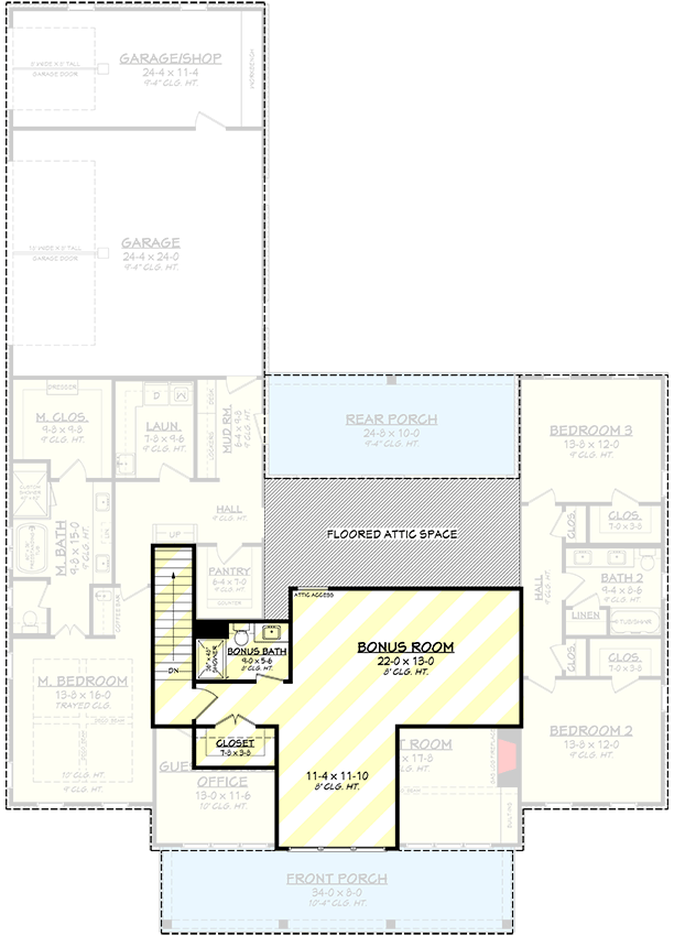 Plan 51975HZ: 4-Bed Modern Farmhouse Plan with Workshop and Home Office - 2585 Sq Ft - Floor Plan - Bonus Level - Farmhouse, Modern Farmhouse, New American