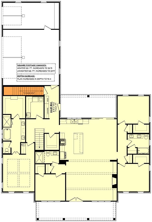 Plan 51975HZ: 4-Bed Modern Farmhouse Plan with Workshop and Home Office - 2585 Sq Ft - Floor Plan - Basement Stairs Location - Farmhouse, Modern Farmhouse, New American