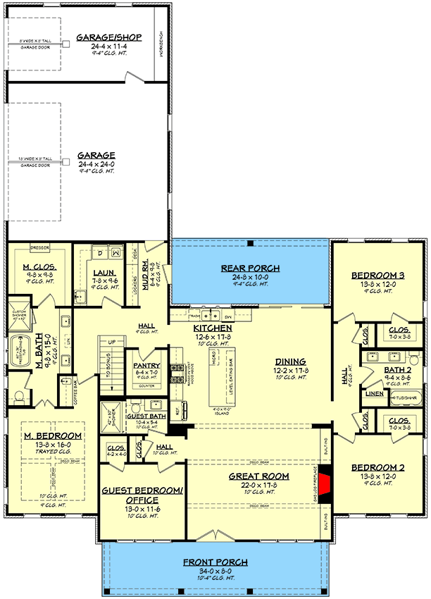 Plan 51975HZ: 4-Bed Modern Farmhouse Plan with Workshop and Home Office - 2585 Sq Ft - Floor Plan - Main Level - Farmhouse, Modern Farmhouse, New American
