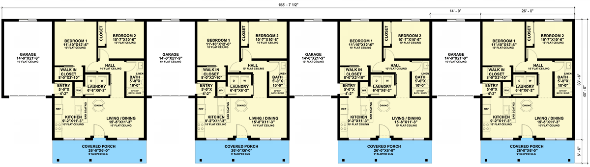 Plan 420182WNT: Country Cottage Quadplex House Plan with Matching 2 Bed Units Under 900 Sq Ft - Floor Plan - Main Level - Cottage, Country
