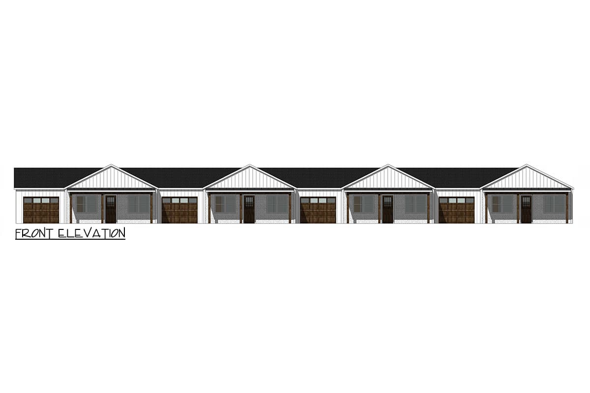 Front elevation drawing of a row of single-story houses with garages, brick exteriors, and gabled roofs.