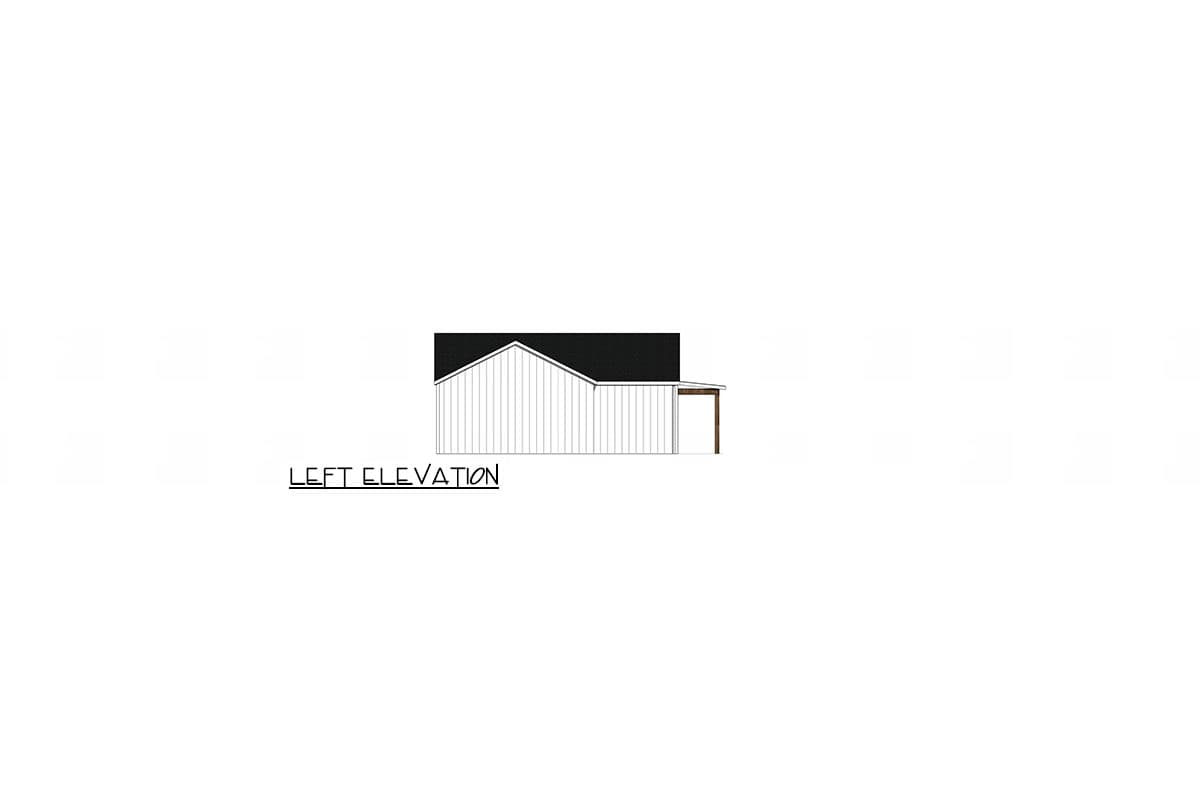 Left elevation drawing of a house with vertical siding, a gable roof, and a covered entrance.