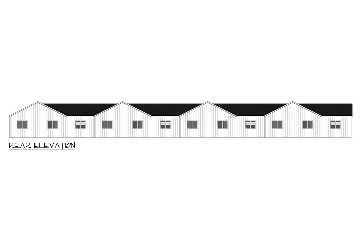 Rear elevation drawing of a house with multiple gabled rooflines and evenly spaced windows.