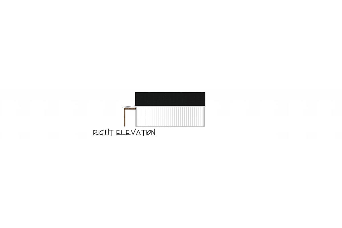 Right elevation drawing of a one-story house with a dark roof, white vertical siding, and a small overhang on the left.