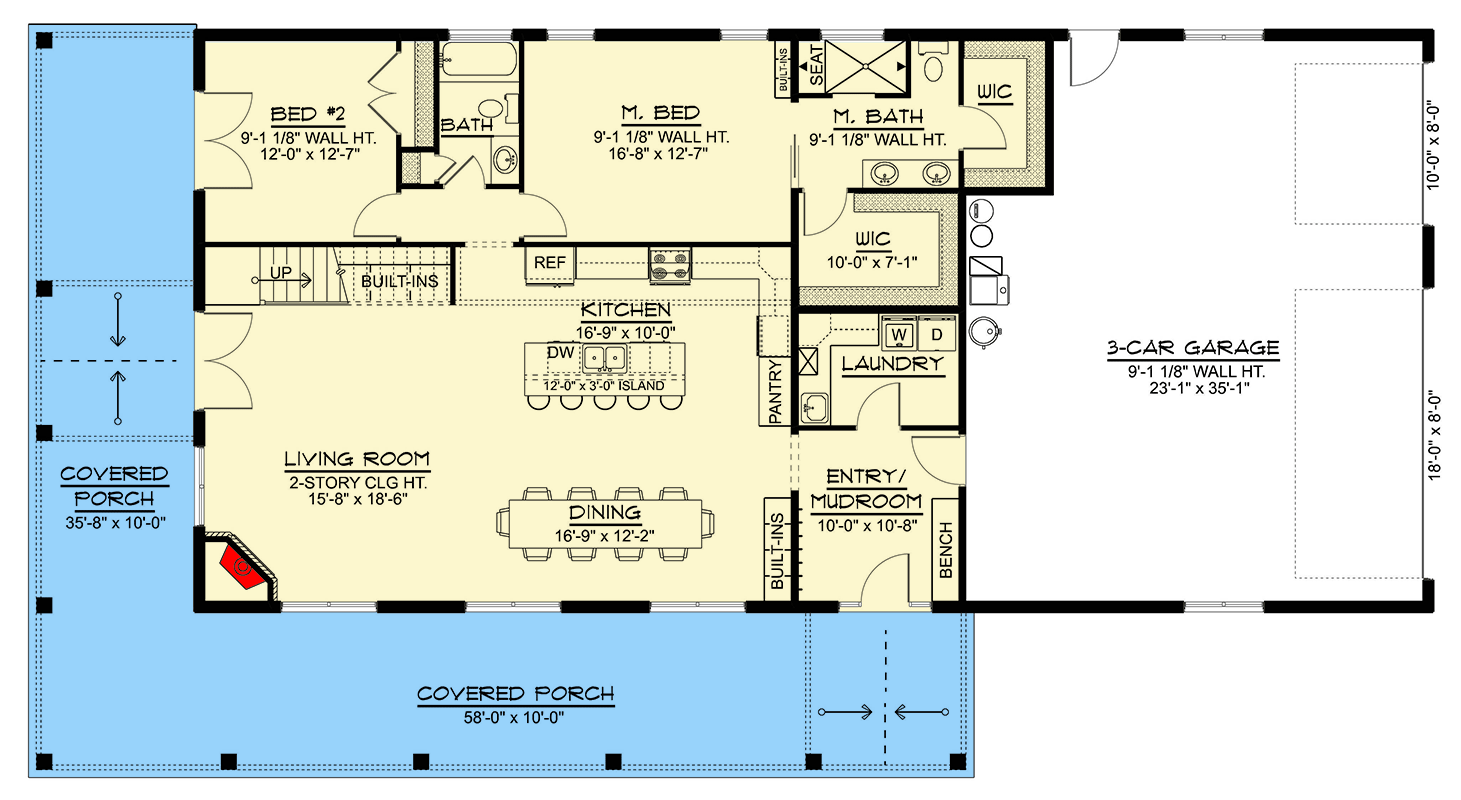 Plan 135298GRA: 5-Bed Modern Farmhouse Plan with Two-Story Great Room and a Bunk Room - Floor Plan - Main Level - Country, Farmhouse, Modern Farmhouse