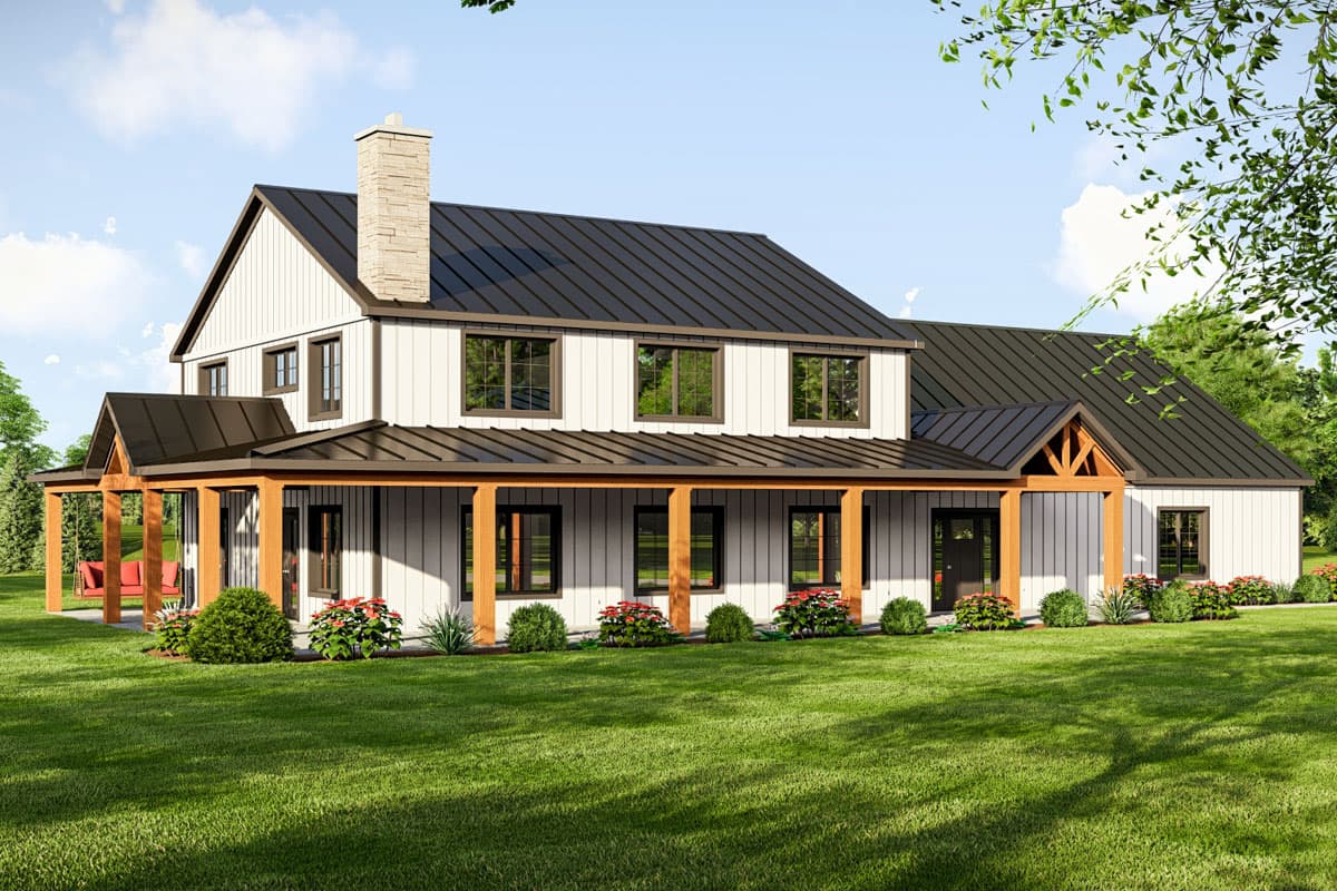 Modern Farmhouse house plan exterior with wrap-around porch, board and batten siding, metal roof, and stone chimney.